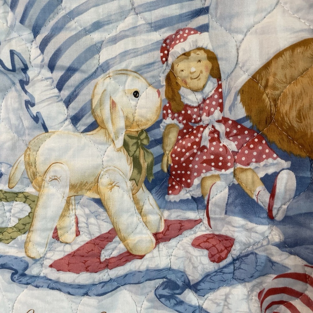 Baby Blanket Quilt Blue White Green Bear Giraffe Toy Satin VTG Cottage Farm Boho - Picture 5 of 11